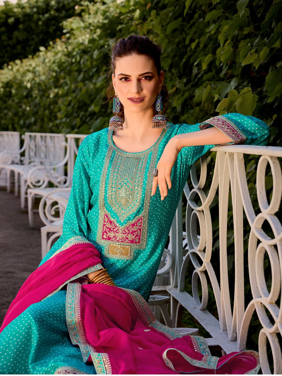 Teal Bambarg Russian Silk Embroidery Digital Printed Wedding Party Festival Casual Pant Salwar Kameez