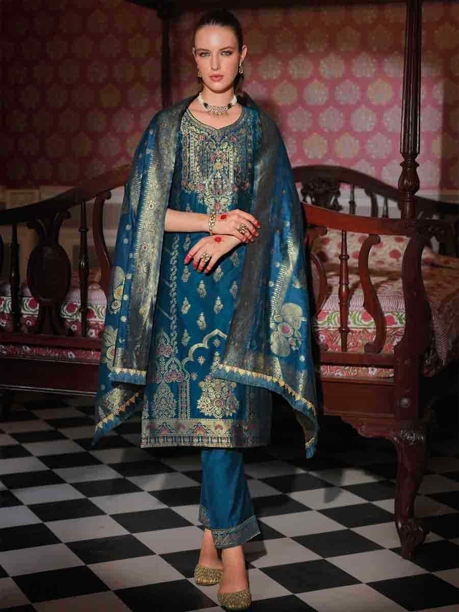 Teal Banarasi Jacquard Silk Embroidered Festival Casual Ready Pant Salwar Kameez