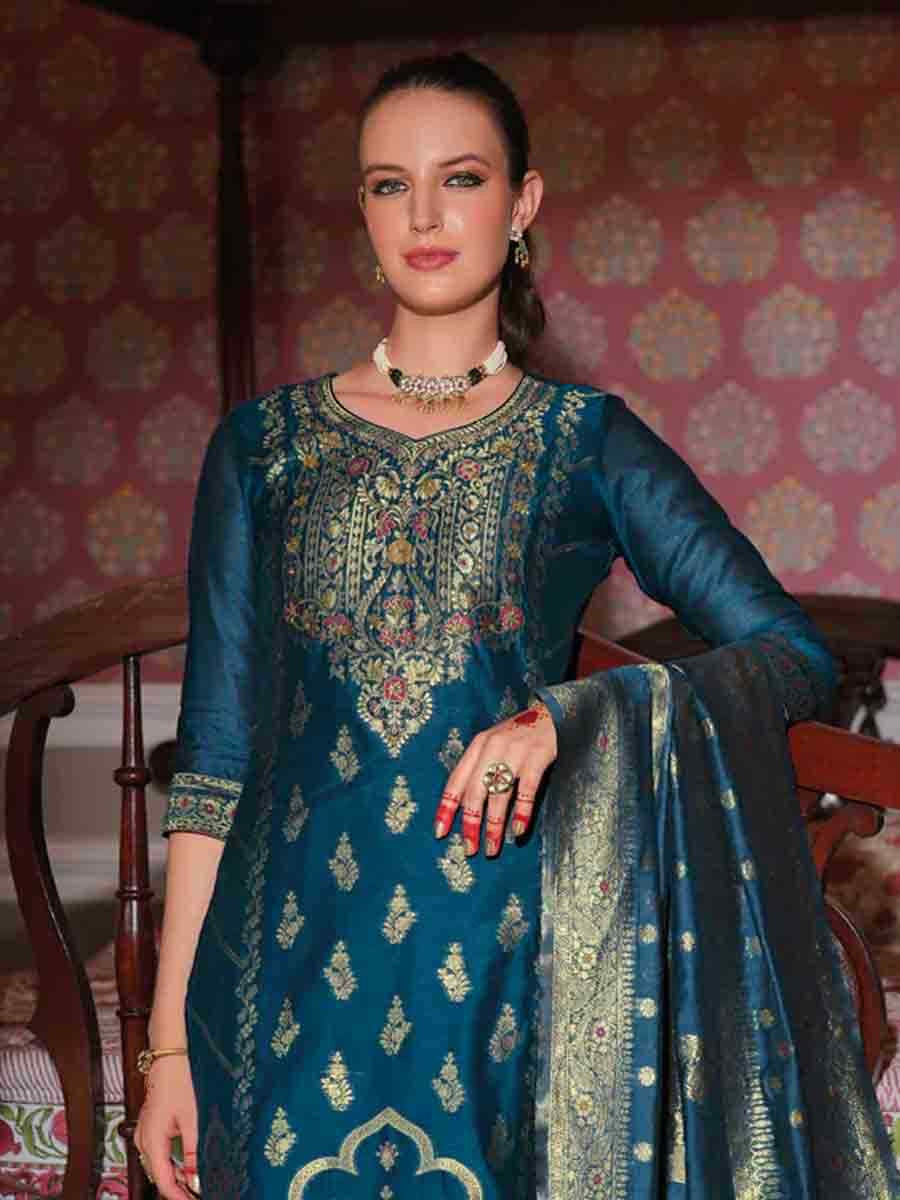 Teal Banarasi Jacquard Silk Embroidered Festival Casual Ready Pant Salwar Kameez