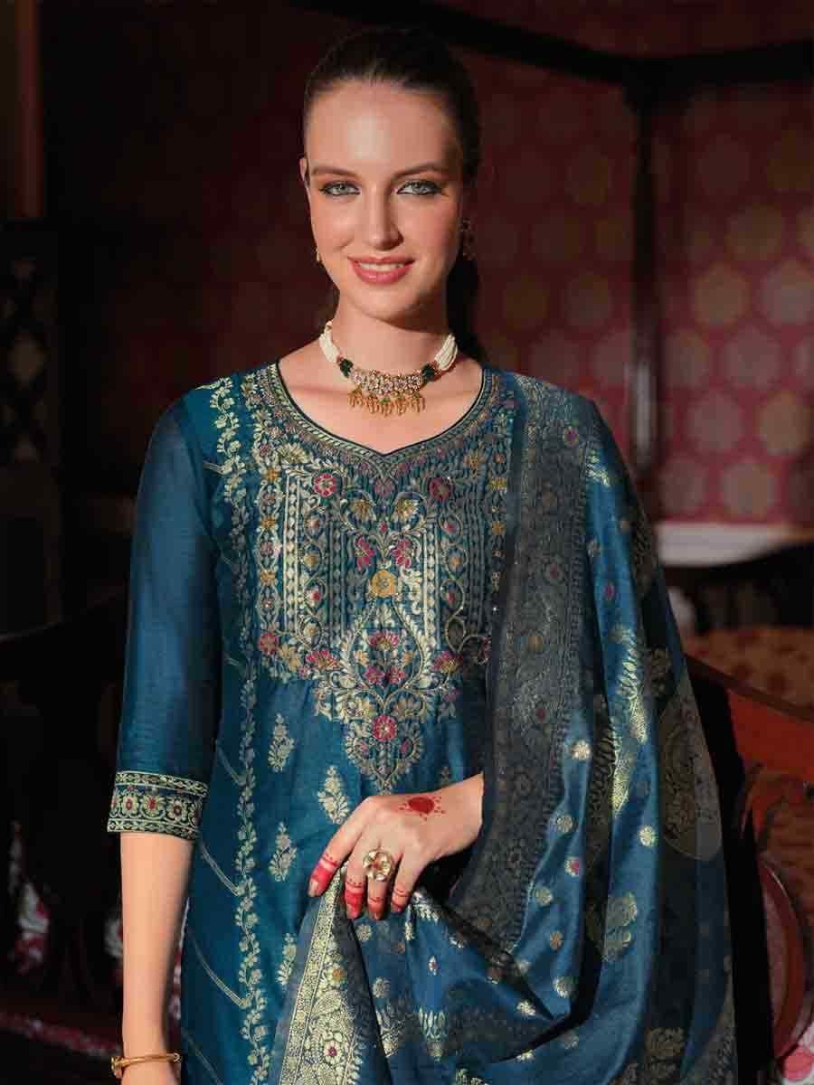 Teal Banarasi Jacquard Silk Embroidered Festival Casual Ready Pant Salwar Kameez