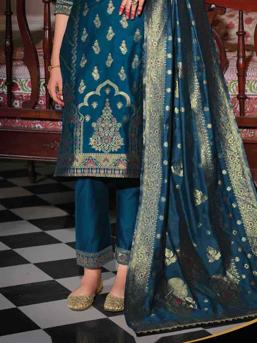 Teal Banarasi Jacquard Silk Embroidered Festival Casual Ready Pant Salwar Kameez