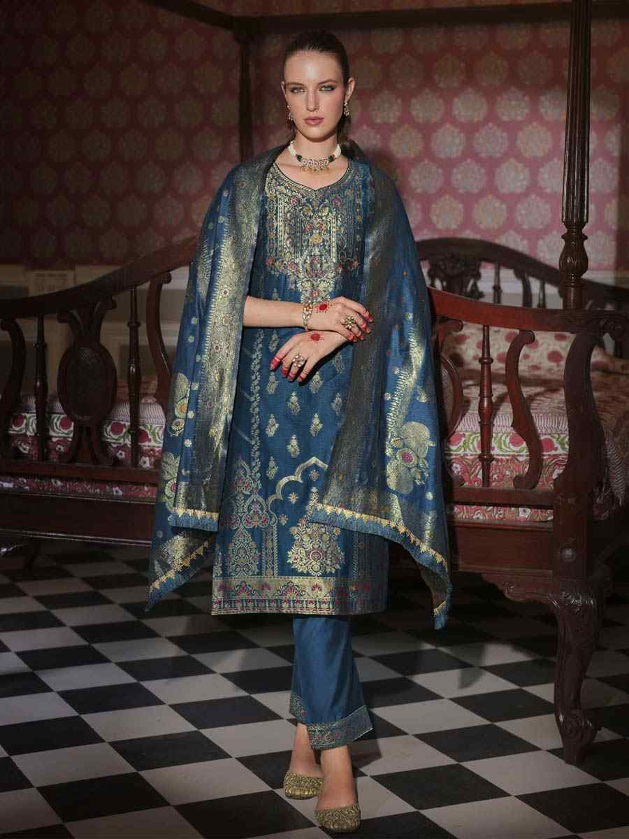 Teal Banarasi Jacquard Silk Embroidered Festival Mehendi Ready Pant Salwar Kameez