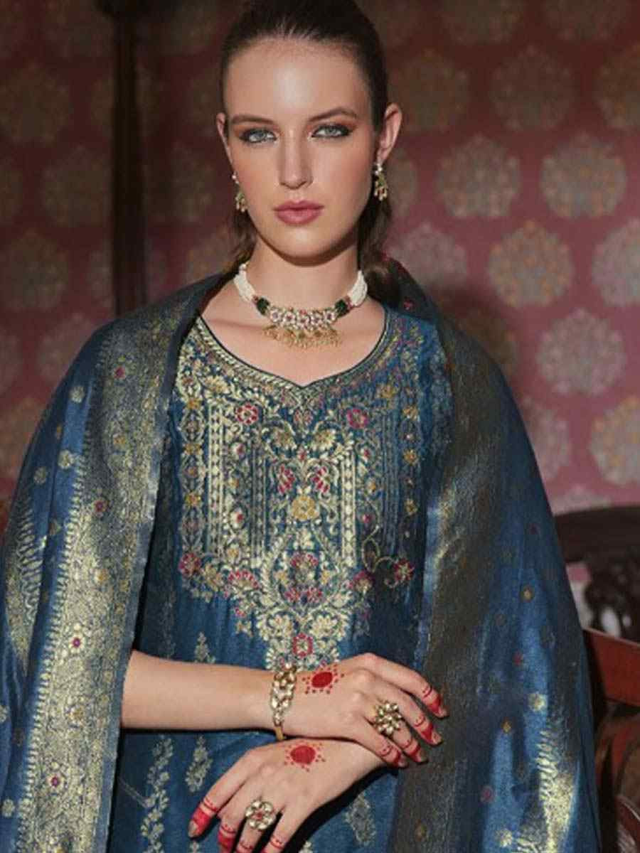 Teal Banarasi Jacquard Silk Embroidered Festival Mehendi Ready Pant Salwar Kameez