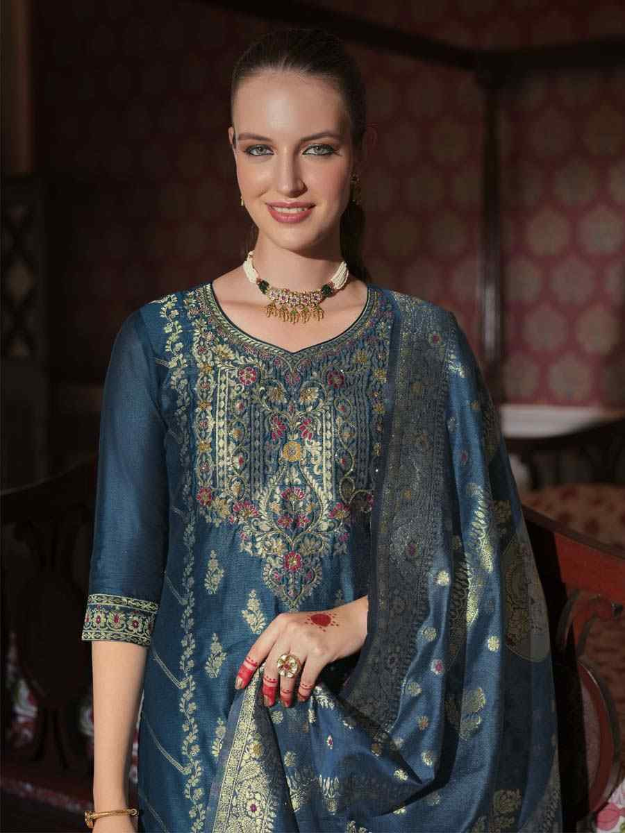 Teal Banarasi Jacquard Silk Embroidered Festival Mehendi Ready Pant Salwar Kameez