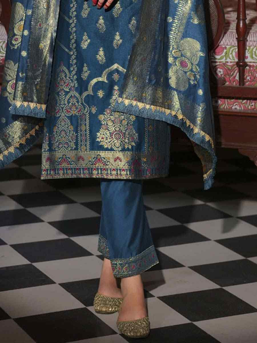 Teal Banarasi Jacquard Silk Embroidered Festival Mehendi Ready Pant Salwar Kameez