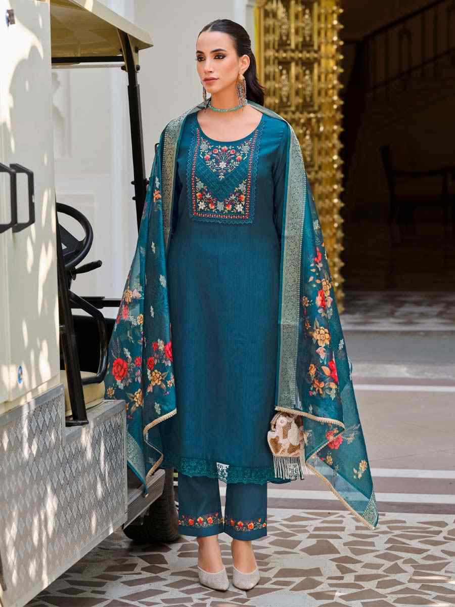 Teal Banarasi Jacquard Silk Embroidered Festival Mehendi Ready Pant Salwar Kameez