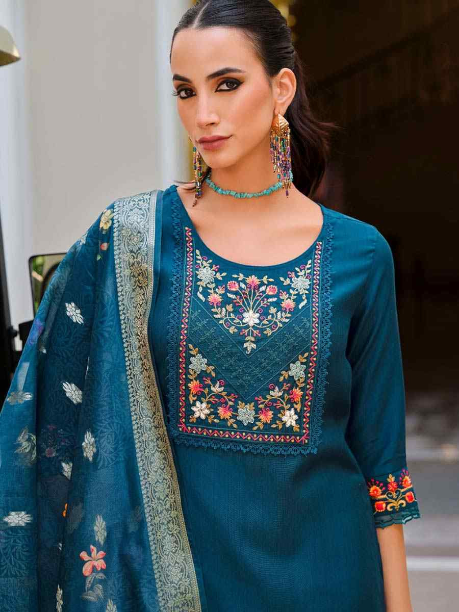 Teal Banarasi Jacquard Silk Embroidered Festival Mehendi Ready Pant Salwar Kameez