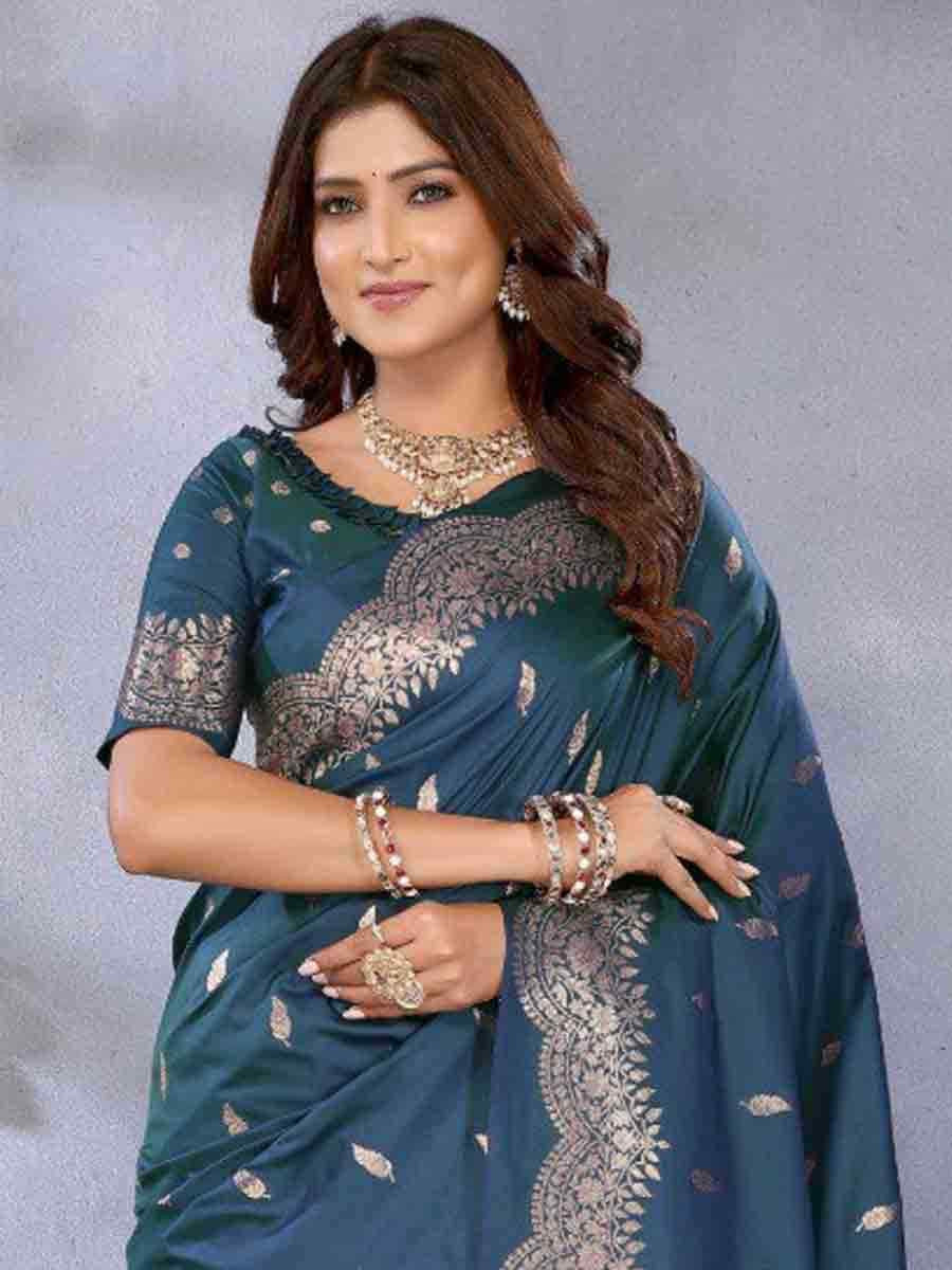 Teal Banarasi Silk Handwoven Festival Wedding Fancy Heavy Border Saree