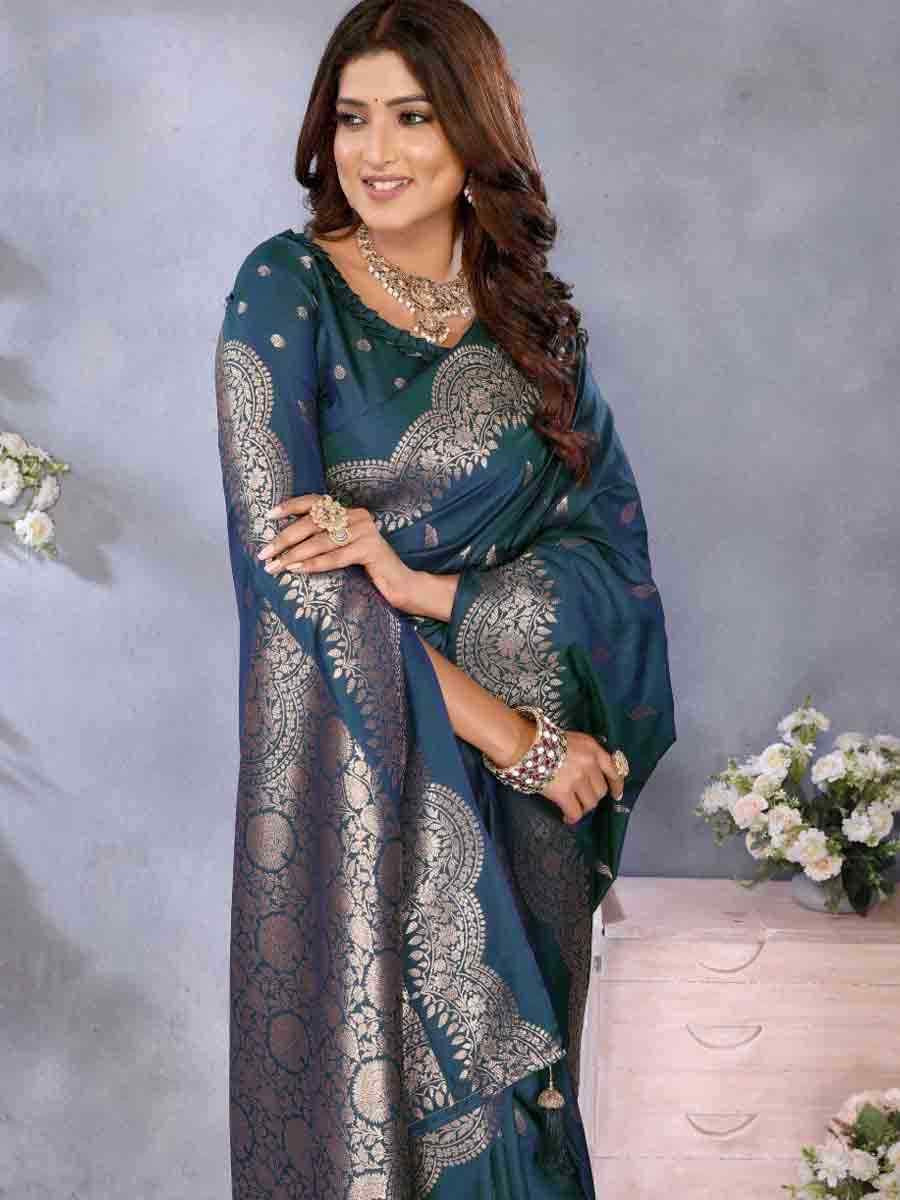Teal Banarasi Silk Handwoven Festival Wedding Fancy Heavy Border Saree