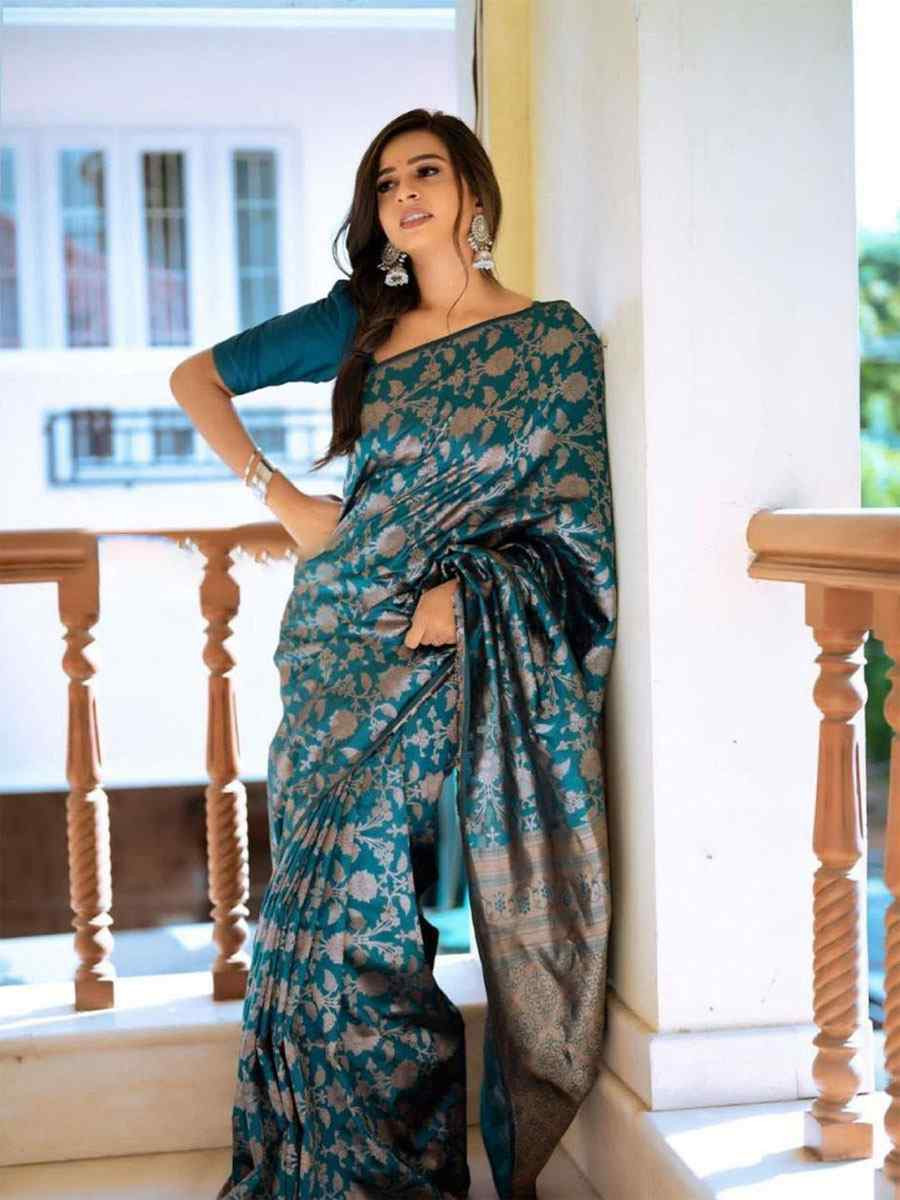 Teal Banarasi Silk Handwoven Festival Wedding Fancy Heavy Border Saree