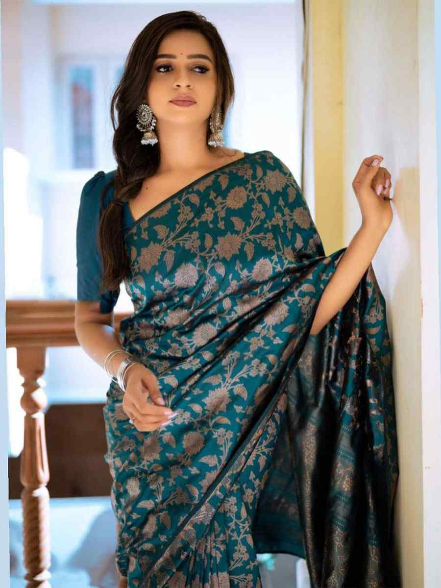 Teal Banarasi Silk Handwoven Festival Wedding Fancy Heavy Border Saree