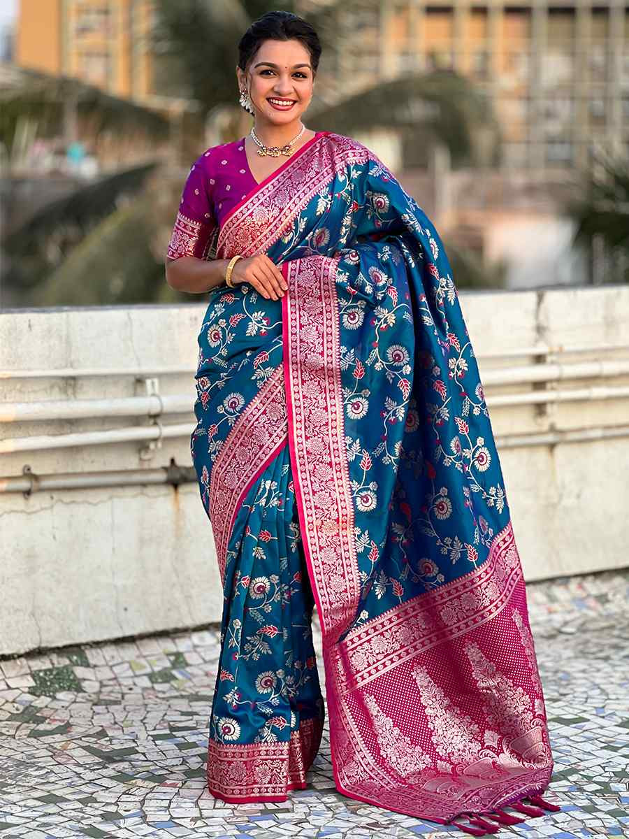 Teal Banarasi Silk Handwoven Wedding Festival Heavy Border Saree