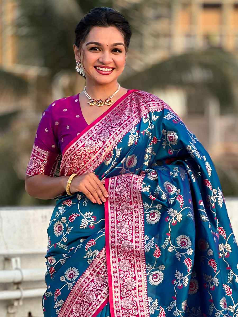 Teal Banarasi Silk Handwoven Wedding Festival Heavy Border Saree
