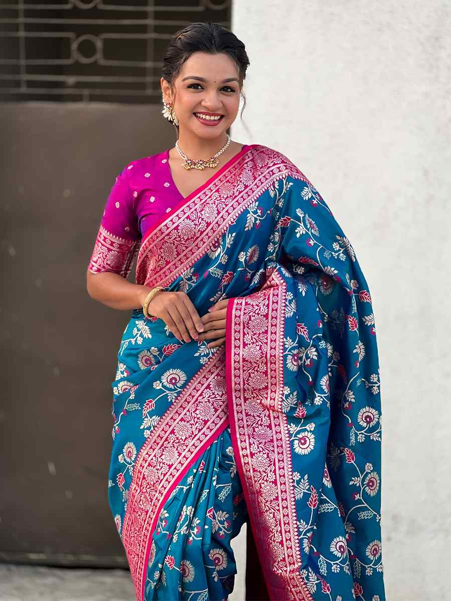 Teal Banarasi Silk Handwoven Wedding Festival Heavy Border Saree