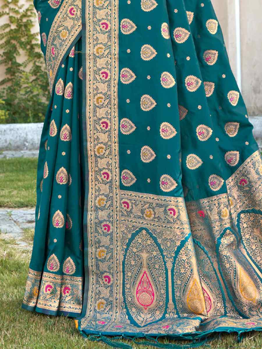 Teal Banarasi Silk Handwoven Wedding Festival Heavy Border Saree