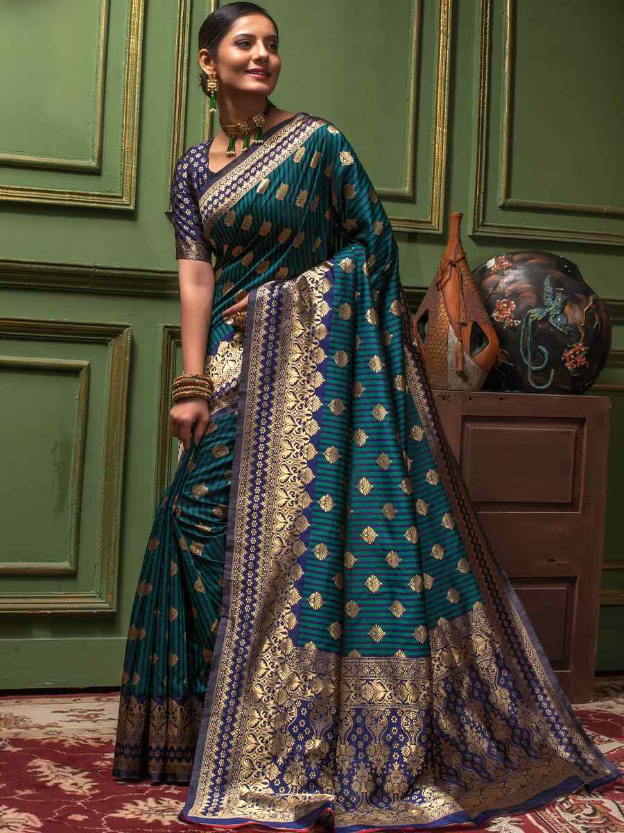 Teal Banarasi Silk Handwoven Wedding Festival Heavy Border Saree