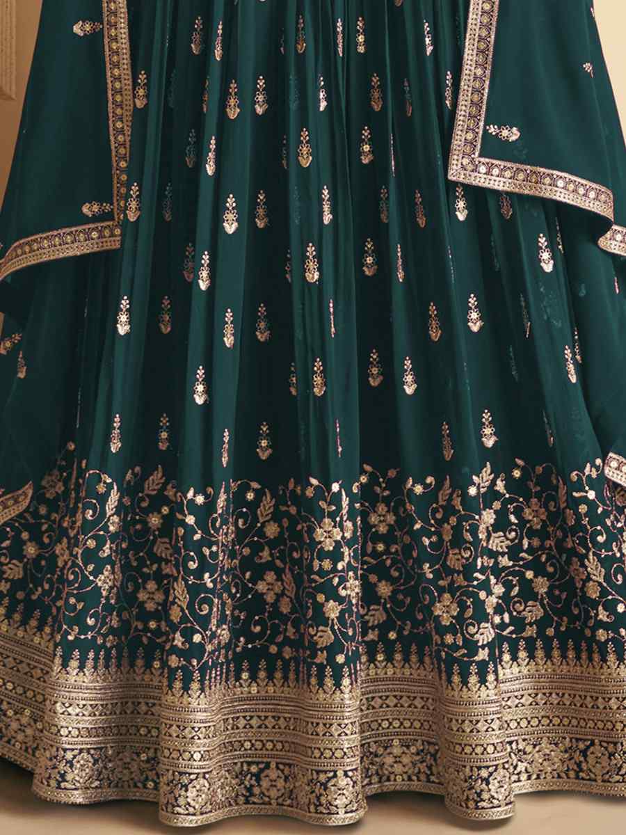 Teal Blomming Vichitra Georgette Embroidered Festival Wedding Anarkali Salwar Kameez