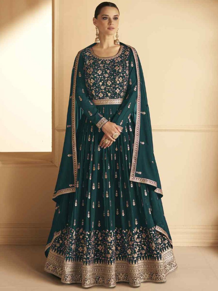 Teal Blomming Vichitra Georgette Embroidered Festival Wedding Anarkali Salwar Kameez