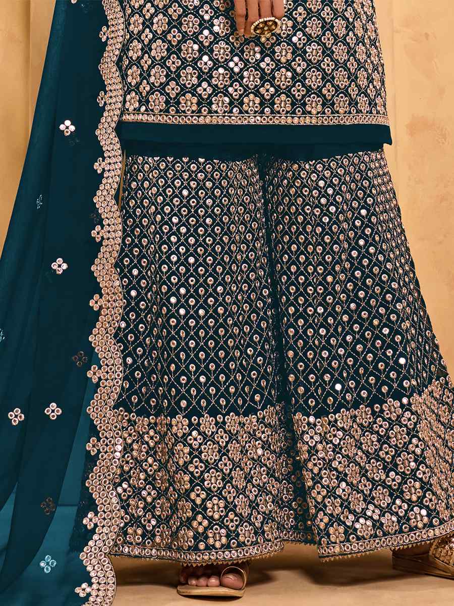 Teal Blue Alizeh Georgette Embroidered Festival Wedding Palazzo Pant Salwar Kameez