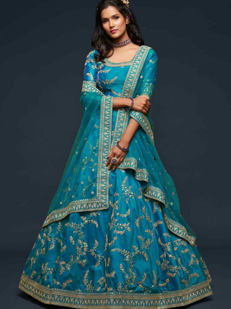 Image of Teal Blue Art Silk Embroidered Wedding Reception Festival Heavy Border Lehenga Choli