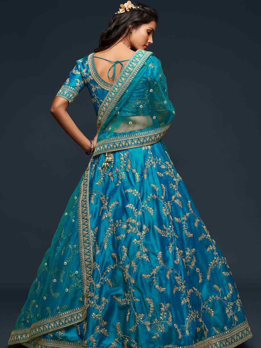 Teal Blue Art Silk Embroidered Wedding Reception Festival Heavy Border Lehenga Choli