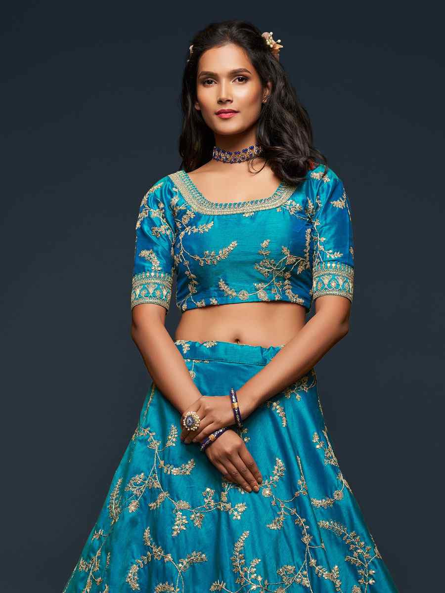 Teal Blue Art Silk Embroidered Wedding Reception Festival Heavy Border Lehenga Choli