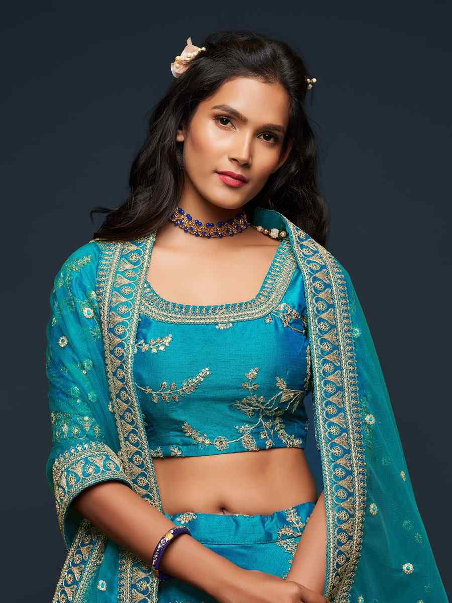 Teal Blue Art Silk Embroidered Wedding Reception Festival Heavy Border Lehenga Choli