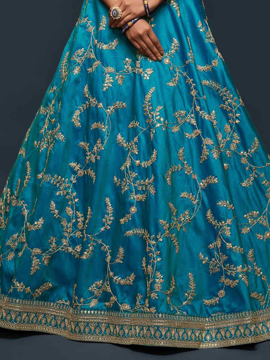 Teal Blue Art Silk Embroidered Wedding Reception Festival Heavy Border Lehenga Choli