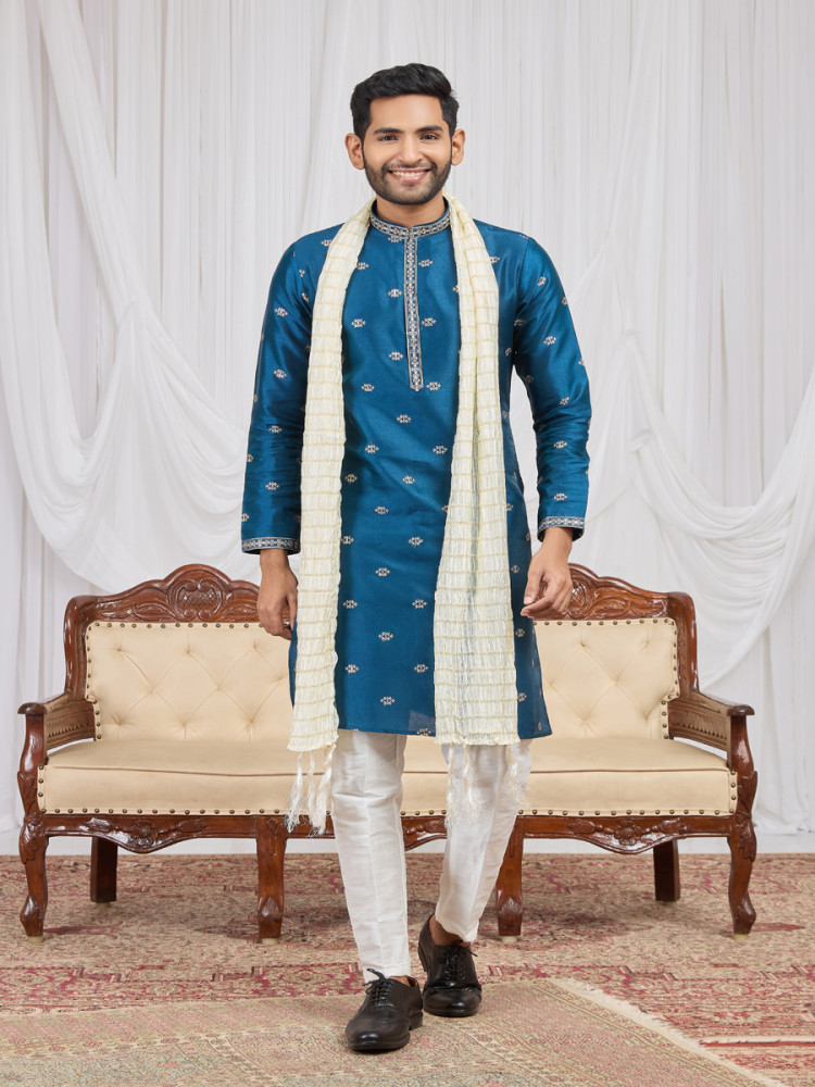 Image of Teal blue Art Silk Embroidery Wedding Party Festival Ready Mens Kurta