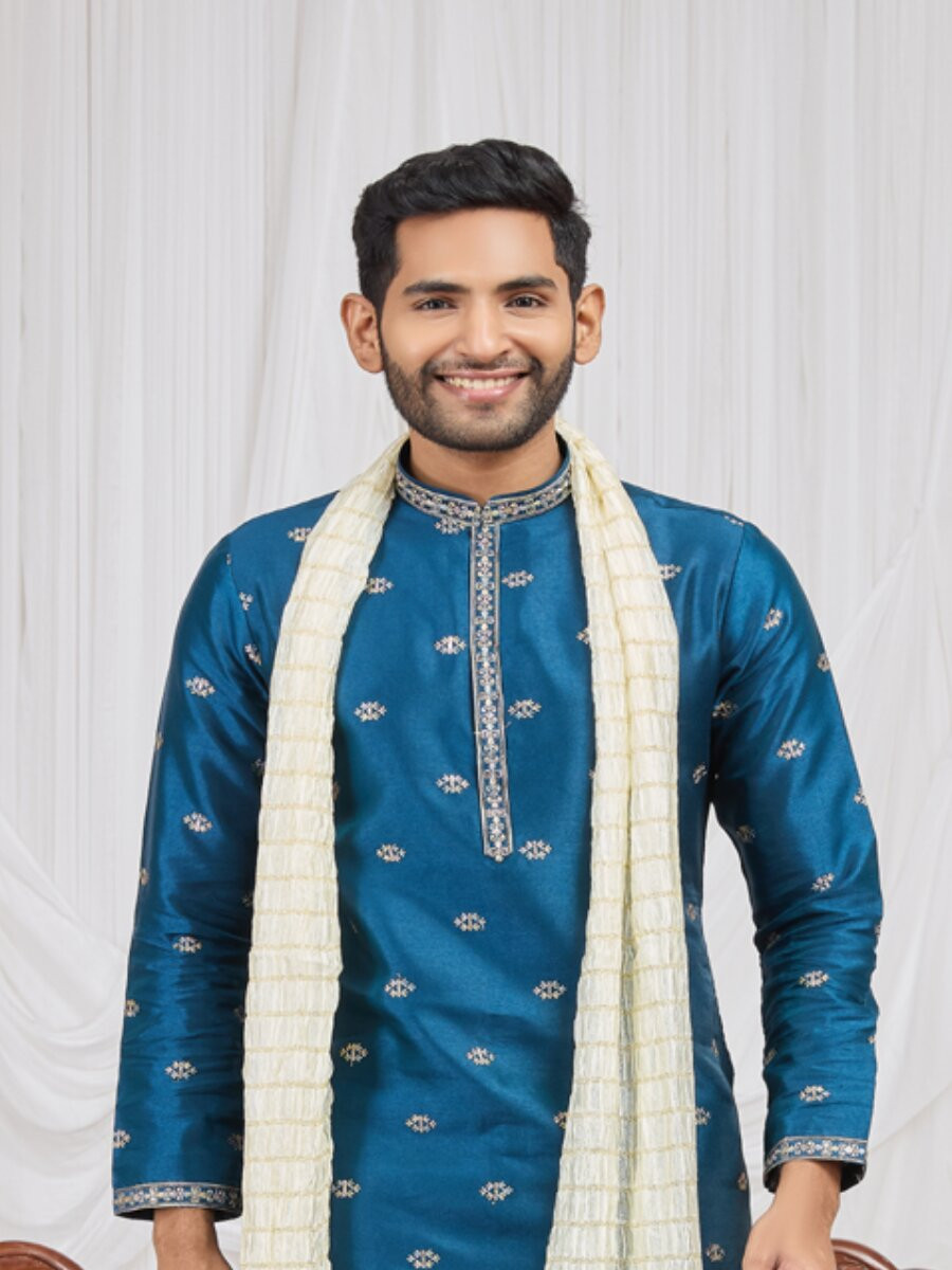 Teal blue Art Silk Embroidery Wedding Party Festival Ready Mens Kurta