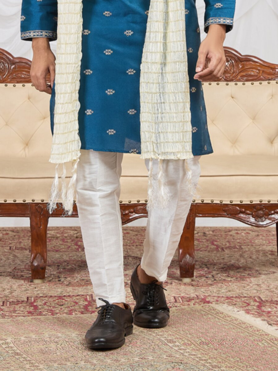 Teal blue Art Silk Embroidery Wedding Party Festival Ready Mens Kurta