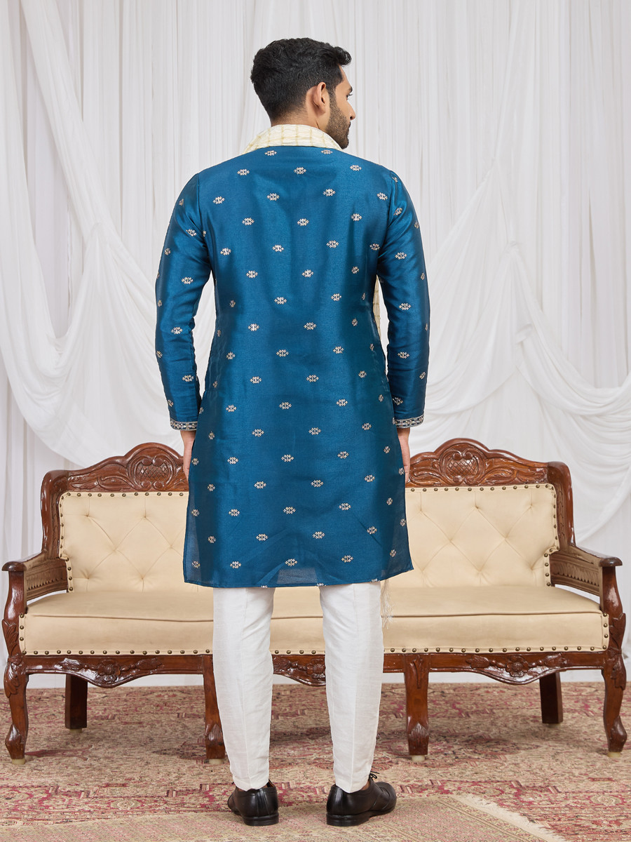 Teal blue Art Silk Embroidery Wedding Party Festival Ready Mens Kurta