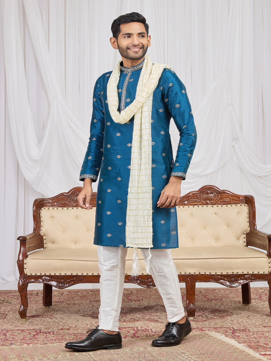 Teal blue Art Silk Embroidery Wedding Party Festival Ready Mens Kurta