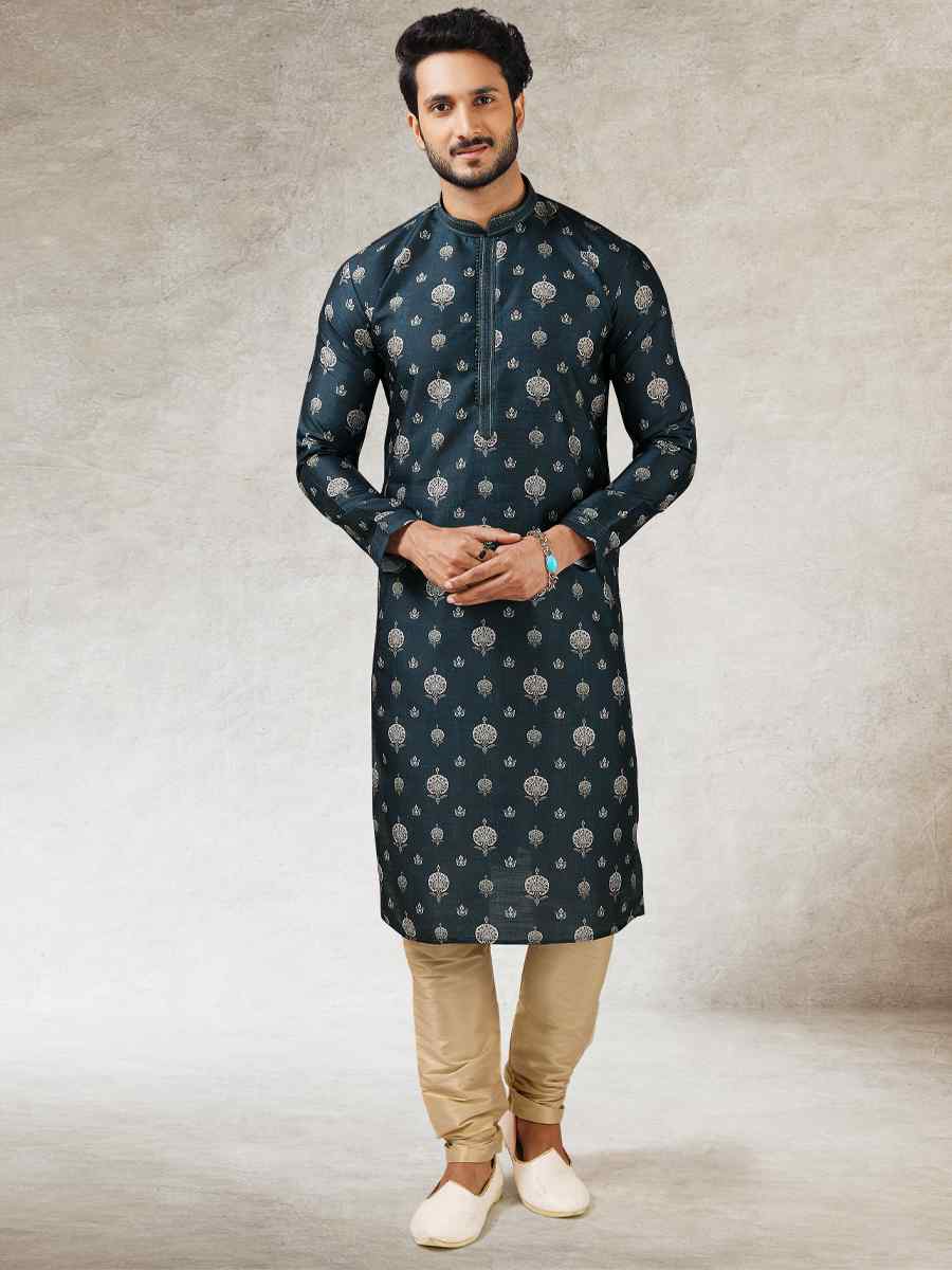 Teal Blue Art Silk Printed Festival Kurta