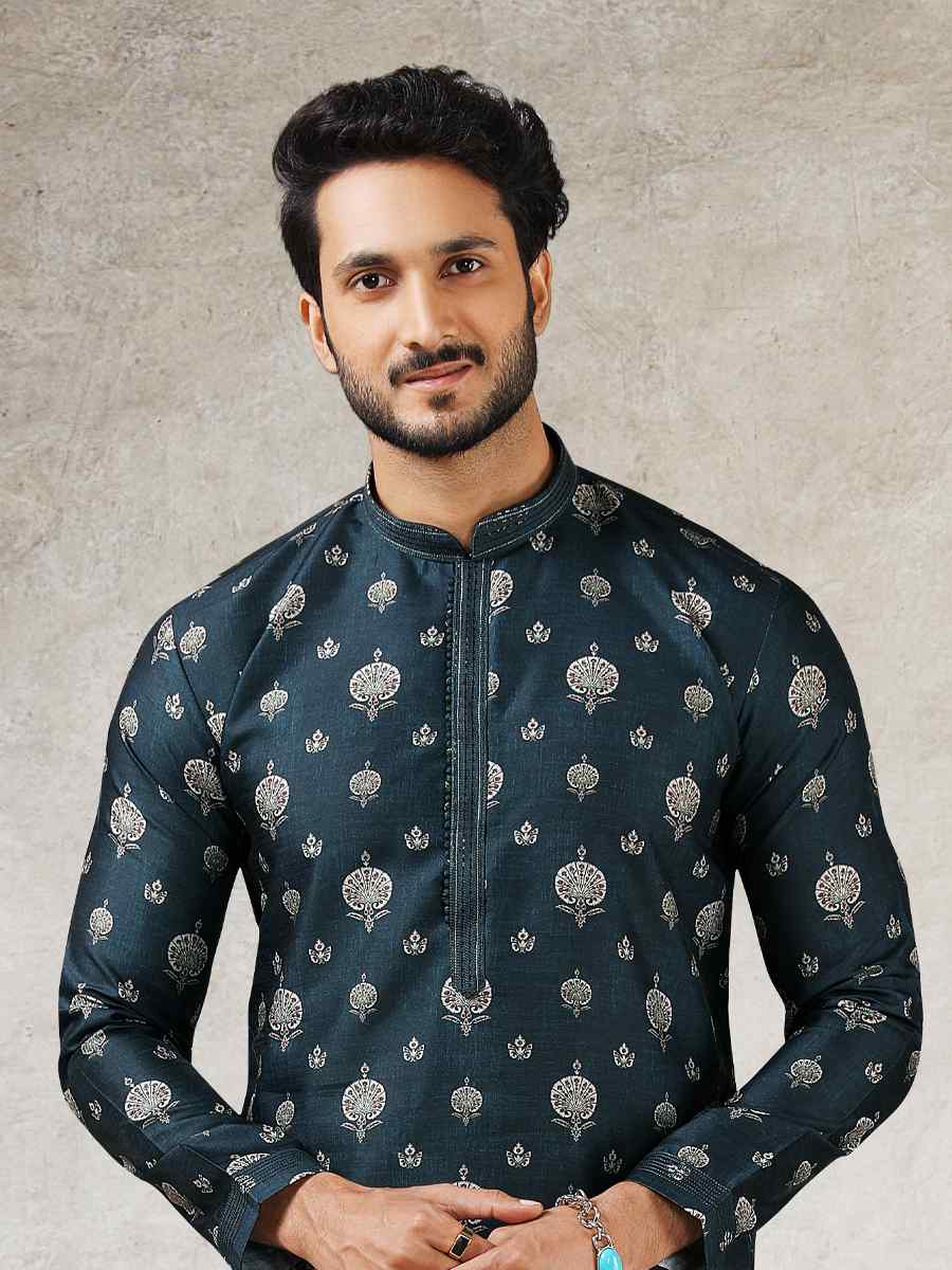 Teal Blue Art Silk Printed Festival Kurta