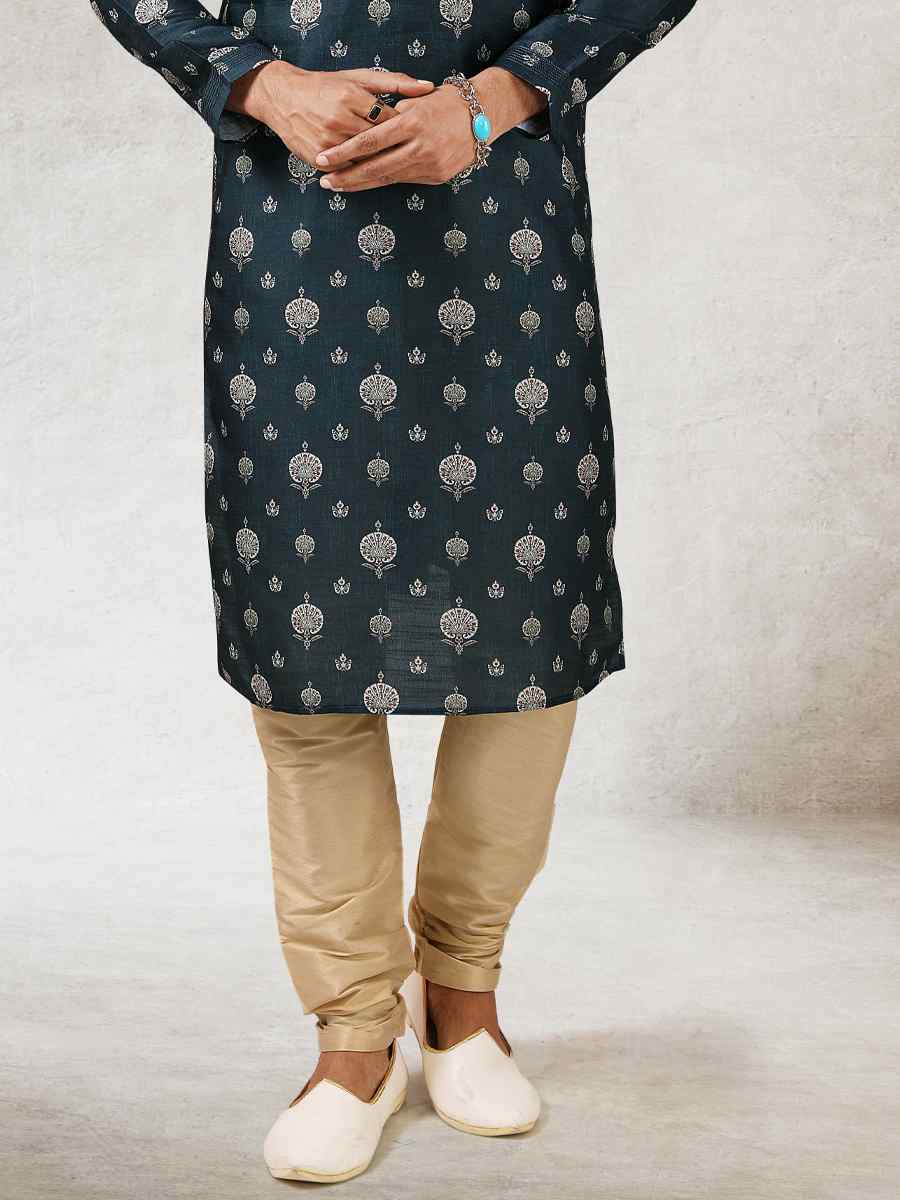 Teal Blue Art Silk Printed Festival Kurta