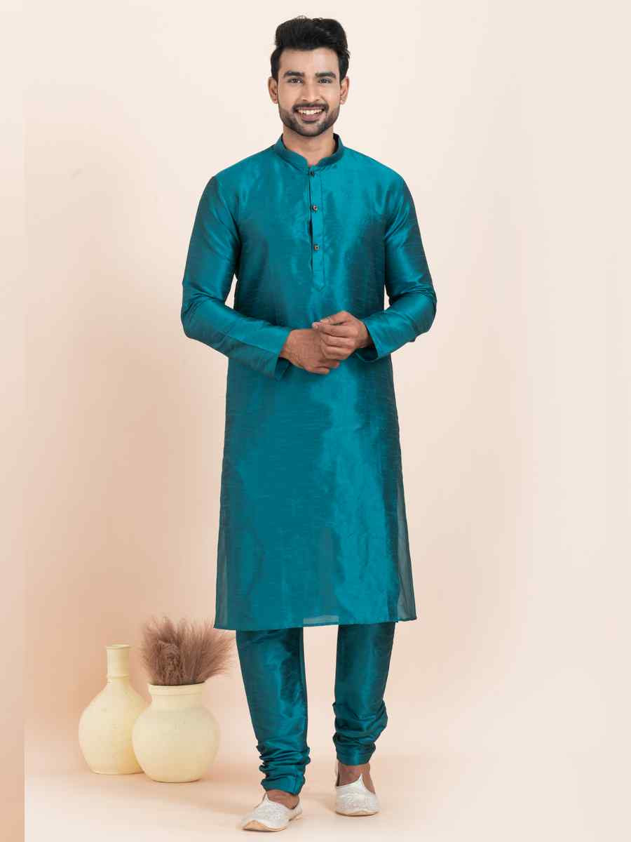 Teal Blue Banarasi Dupion Silk Printed Festival Wedding Kurta Pyjama Men039s Wear