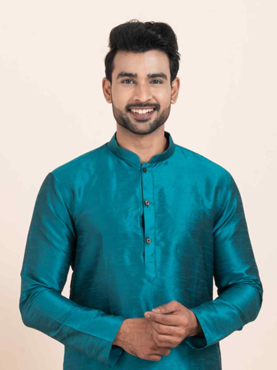 Teal Blue Banarasi Dupion Silk Printed Festival Wedding Kurta Pyjama Men039s Wear