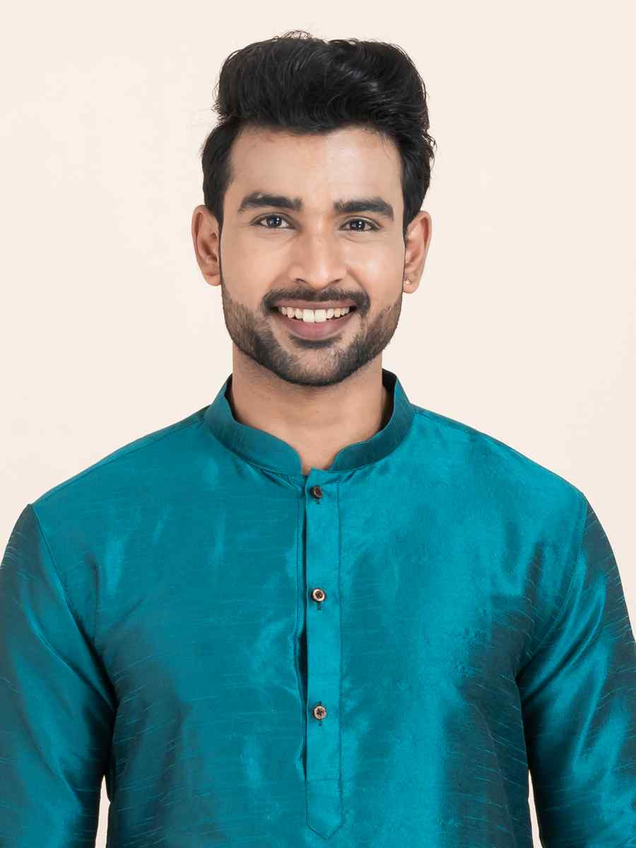 Teal Blue Banarasi Dupion Silk Printed Festival Wedding Kurta Pyjama Men039s Wear