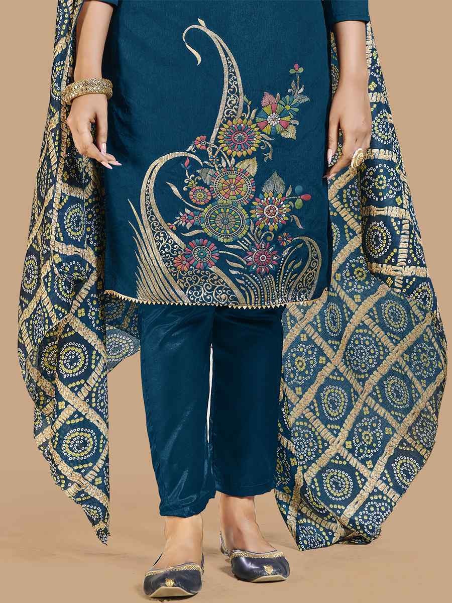 Teal Blue Banarasi Jacquard Santoon Chinon Handwoven Casual Festival Pant Salwar Kameez
