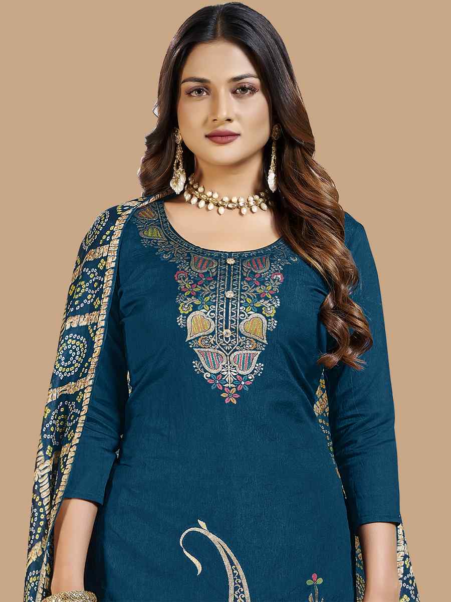 Teal Blue Banarasi Jacquard Santoon Chinon Handwoven Casual Festival Pant Salwar Kameez