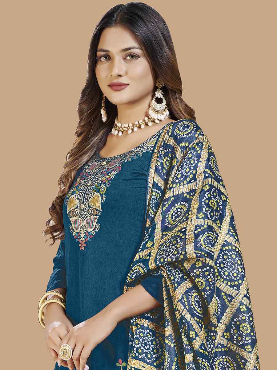 Teal Blue Banarasi Jacquard Santoon Chinon Handwoven Casual Festival Pant Salwar Kameez