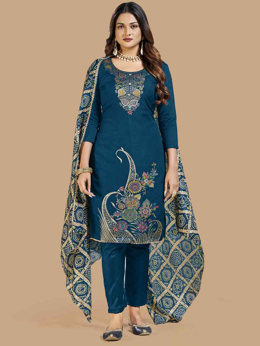 Teal Blue Banarasi Jacquard Santoon Chinon Handwoven Casual Festival Pant Salwar Kameez