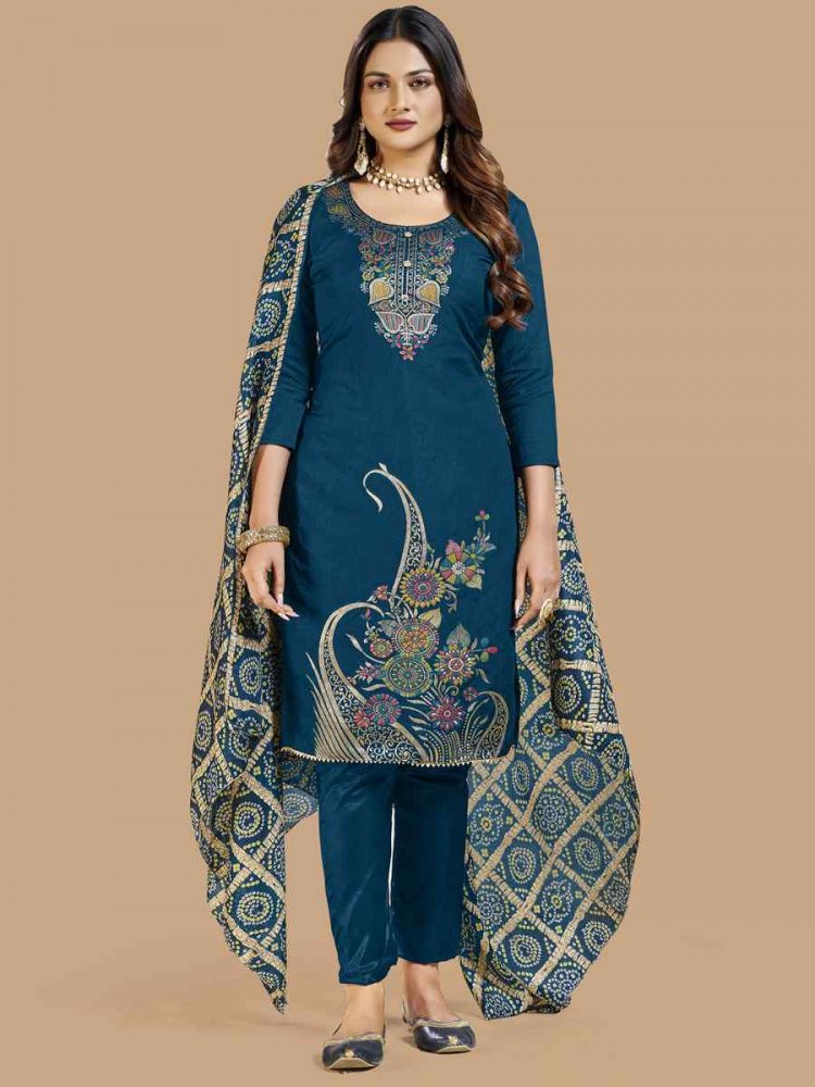 Teal Blue Banarasi Jacquard Santoon Chinon Handwoven Casual Festival Pant Salwar Kameez