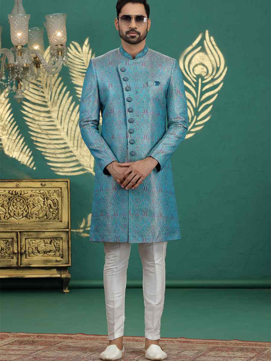Teal Blue Banarasi Silk Embroidered Festival Wedding Mens Sherwani