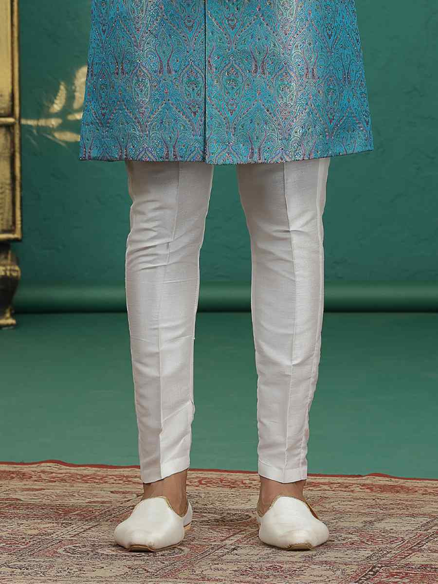 Teal Blue Banarasi Silk Embroidered Festival Wedding Mens Sherwani