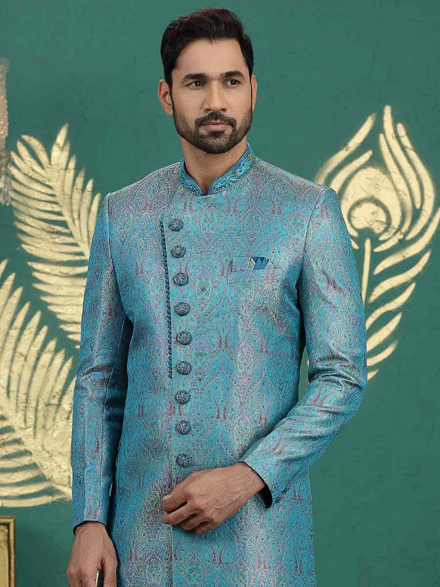 Teal Blue Banarasi Silk Embroidered Festival Wedding Mens Sherwani
