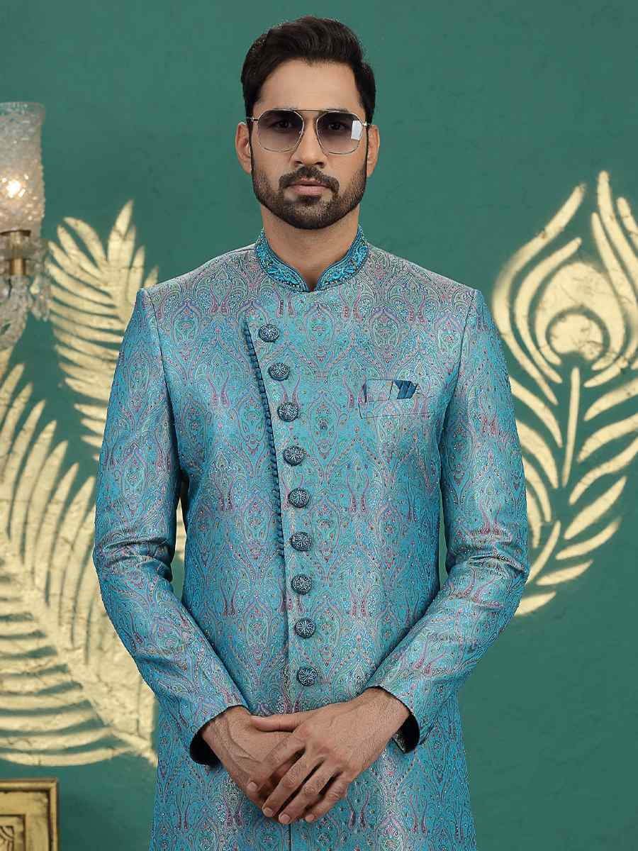 Teal Blue Banarasi Silk Embroidered Festival Wedding Mens Sherwani