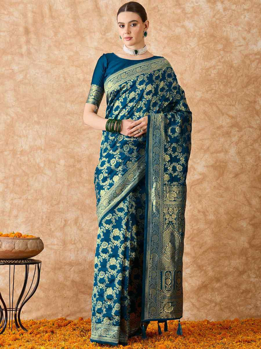 Teal Blue Banarasi Silk Handwoven Bridal Reception Festival Wedding Fancy Heavy Border Sarees