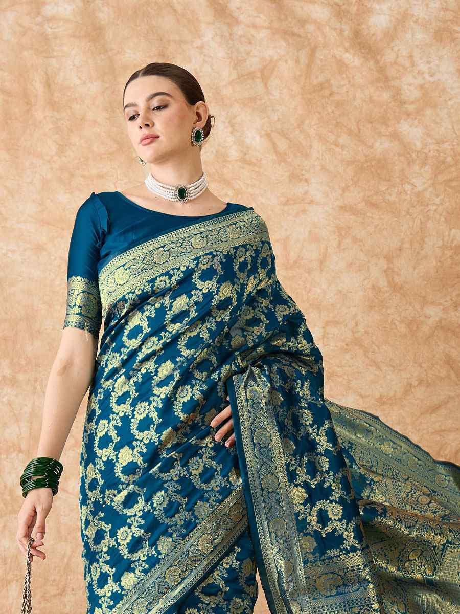 Teal Blue Banarasi Silk Handwoven Bridal Reception Festival Wedding Fancy Heavy Border Sarees